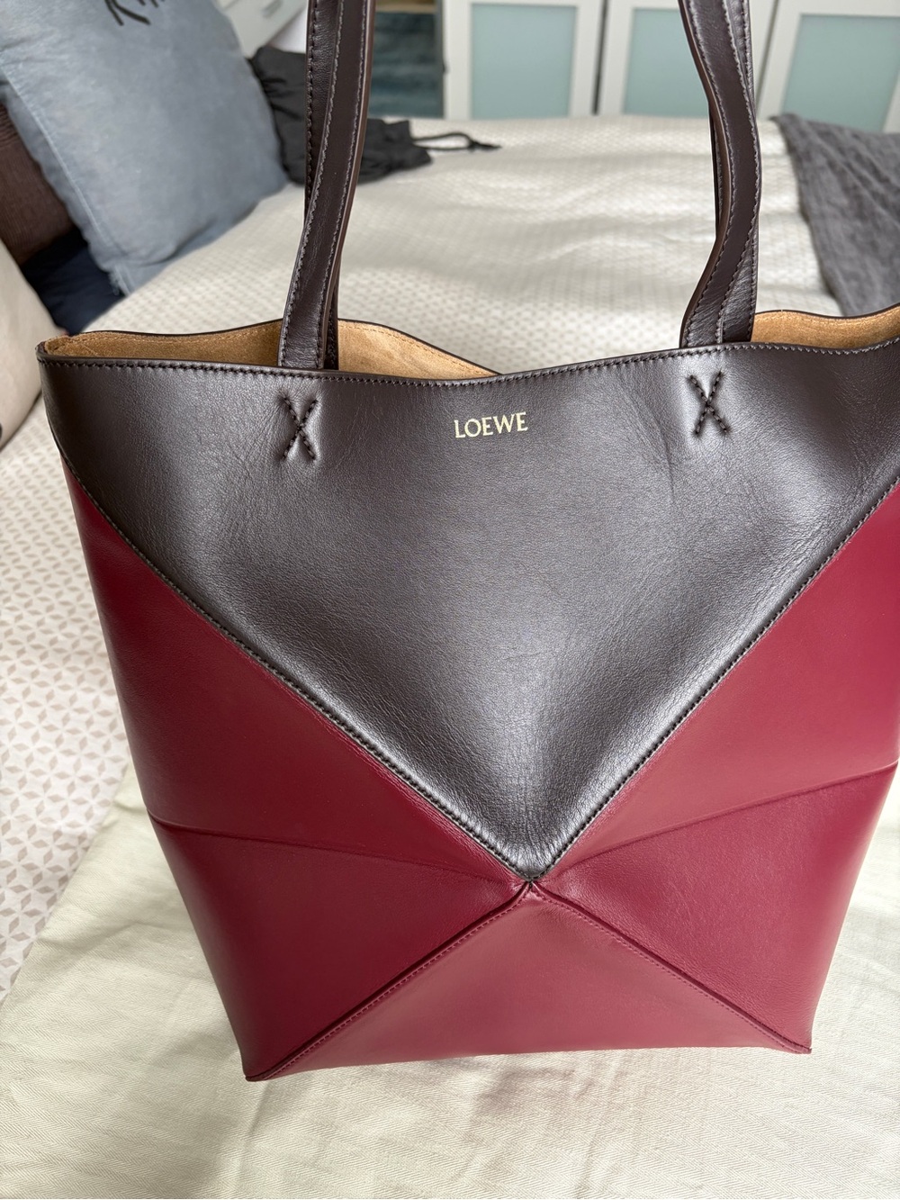Loewe Burgundy and Dark Brown Leather Puzzle Tote with Gold Logo